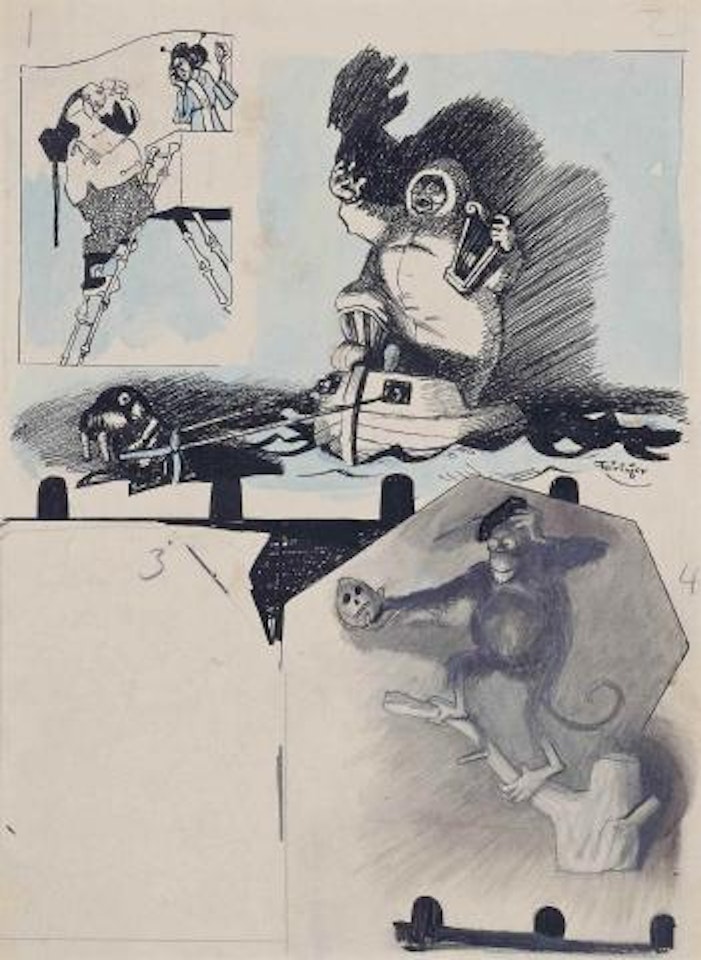Untitled (Man on Ladder and Woman on Balcony, Inuit and Walrus, Monkey and Skull) by Lyonel Feininger