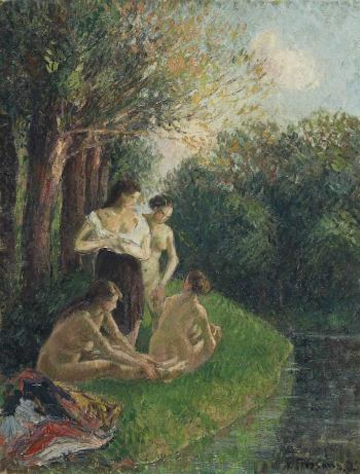 Quatre baigneuses discutant au bord de l'eau by Camille Pissarro