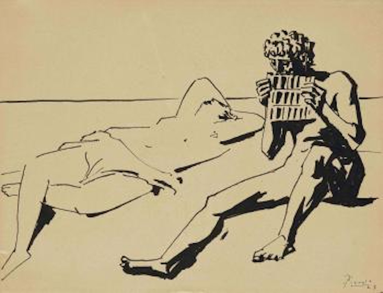Nu couché sur le dos et joueur de flûte de pan by Pablo Picasso