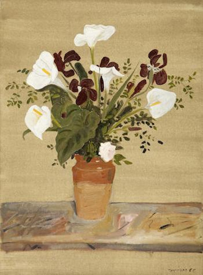 Arum Lillies, Irises and a Rose in a terracotta vase by Yannis Tsarouchis