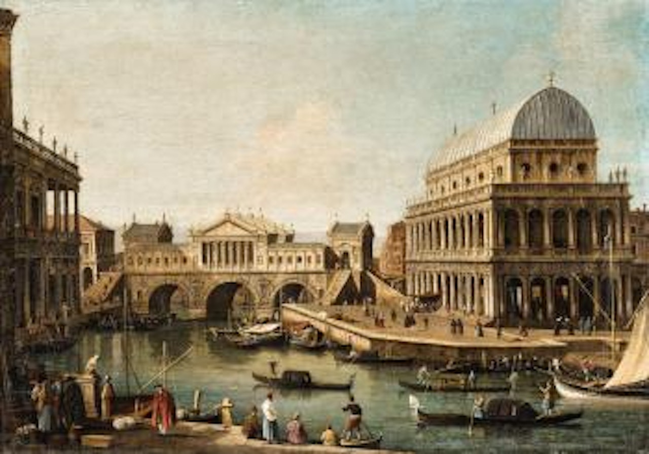 An Architectural Capriccio with the Ponte di Rialto after a design by Palladio and Buildings in Vicenza by Canaletto