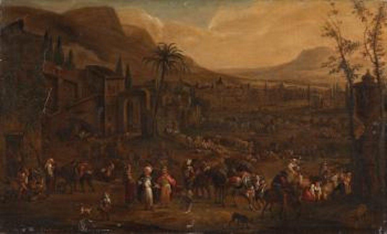 A Southern landscape with a Market Scene by Adriaen Frans Boudewyns by Pieter Bout