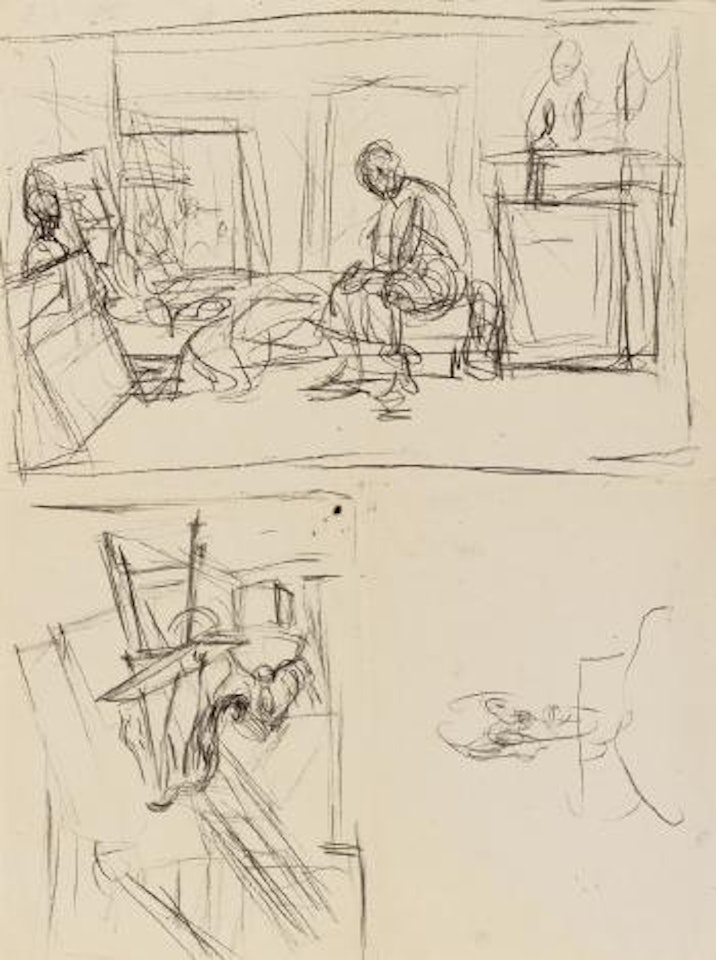 Diego assis sur le lit dans l'atelier / Le Chien sur un tabouret dans l'atelier / Buste by Alberto Giacometti