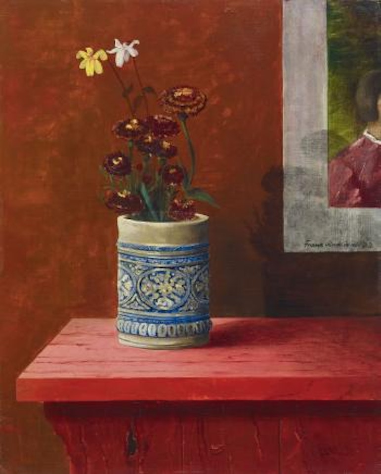 Stilleben mit Blumen in blaugrau-gemustertem Steinkrug by Franz Radziwill