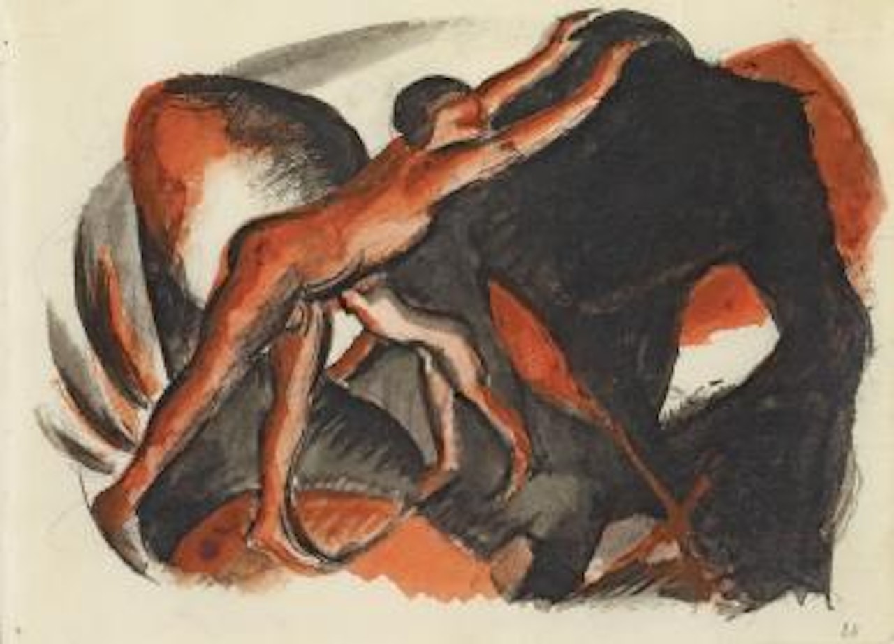 Zwei rote Jünglingsakte auf Schwarz by Franz Marc