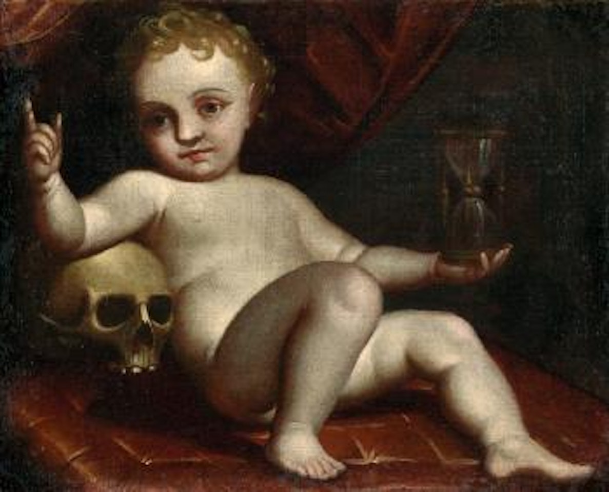 Vanitasallegorie: Knabe mit Stundenglas und Totenschädel by Luca Cambiaso