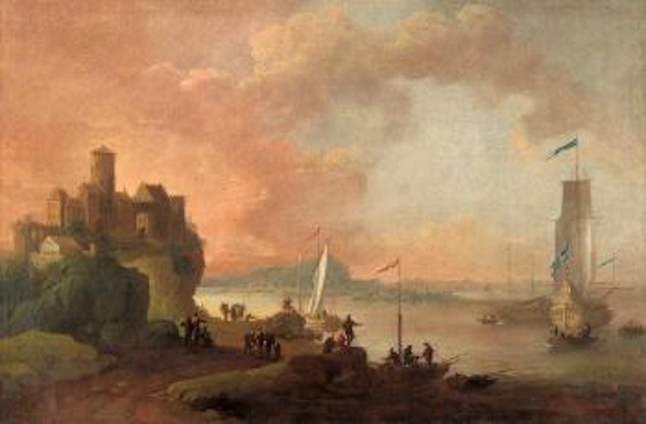 Capriccio mit einer südlichen Hafenstadt, in der Bucht eine Galeone mit gesetzten Segeln by Jan Abrahamsz. Beerstraten