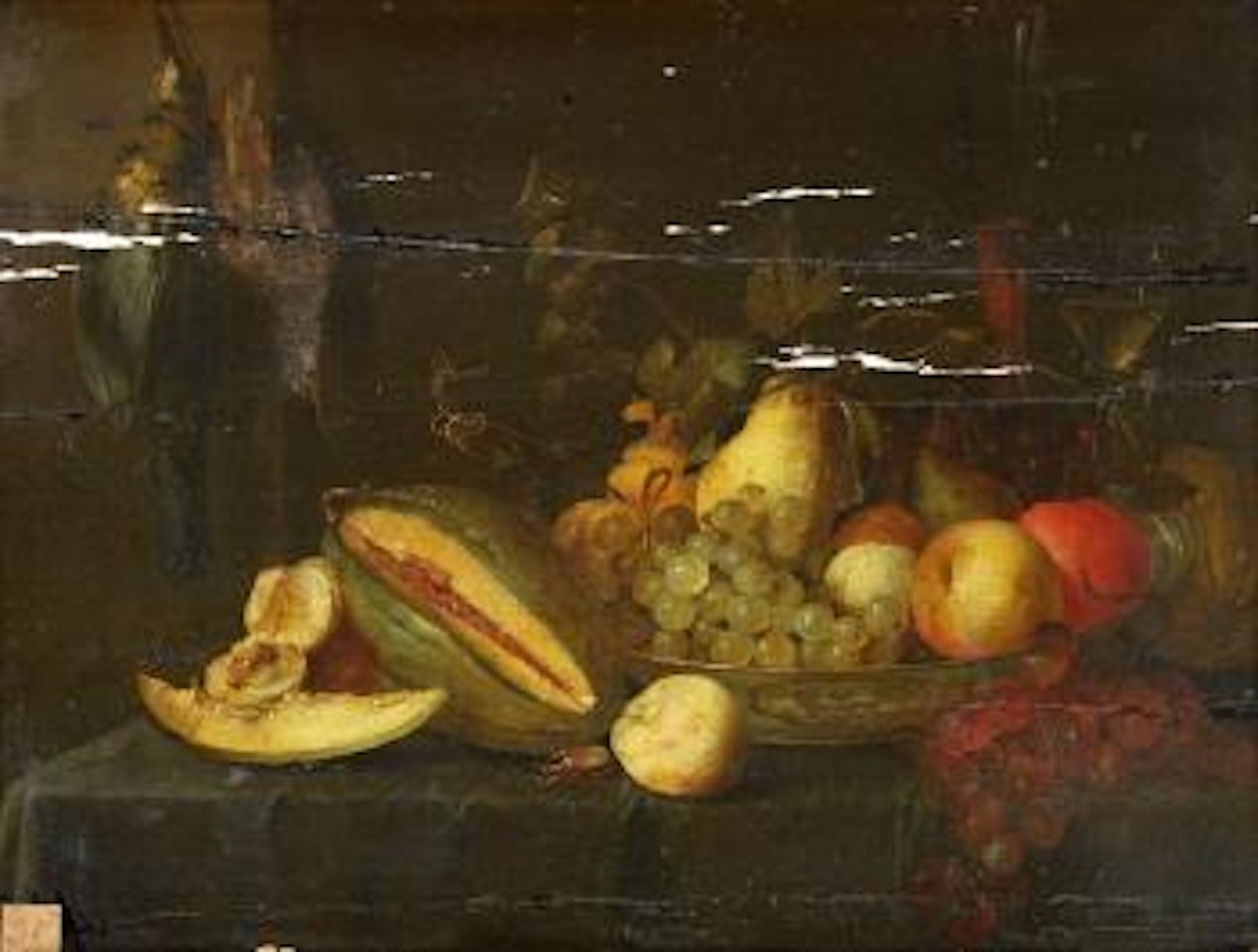 Nature morte au melon d’eau et coupe de fruits sur un entablement by Jacob van Es