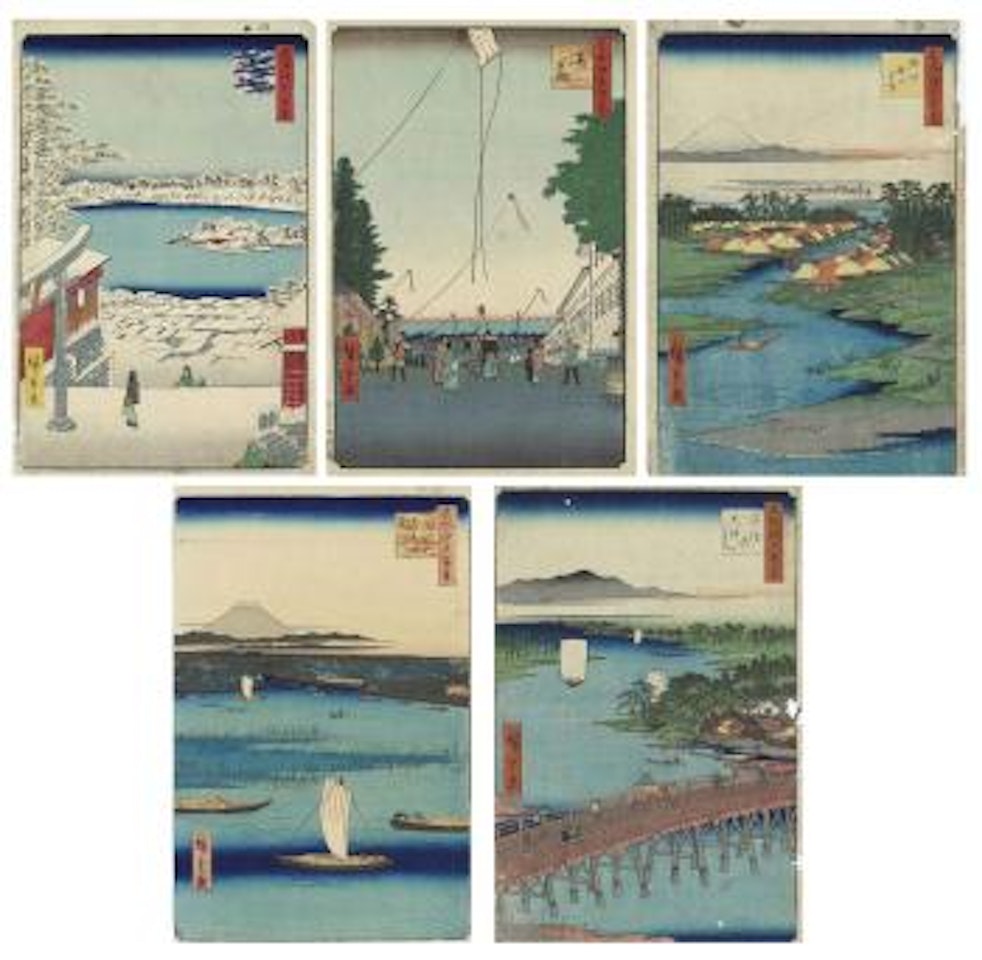 Five prints from the series One Hundred Famous Views of Edo by Utagawa Hiroshige