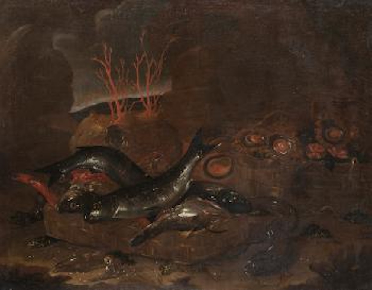 Cesto di pesce, anguilla, crostacei e coralli in una grotta [Basket with fish, crustaceans and corals in a cave] by Giuseppe Recco