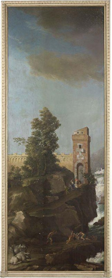 Paesaggio roccioso con torre e figure by French School
