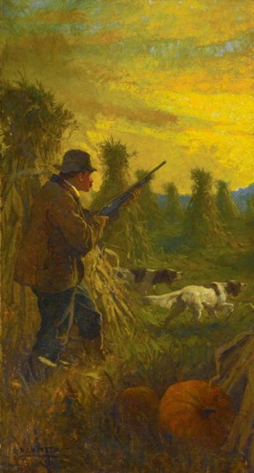 Hunter with two Dogs in Cornfield by Newell Convers Wyeth