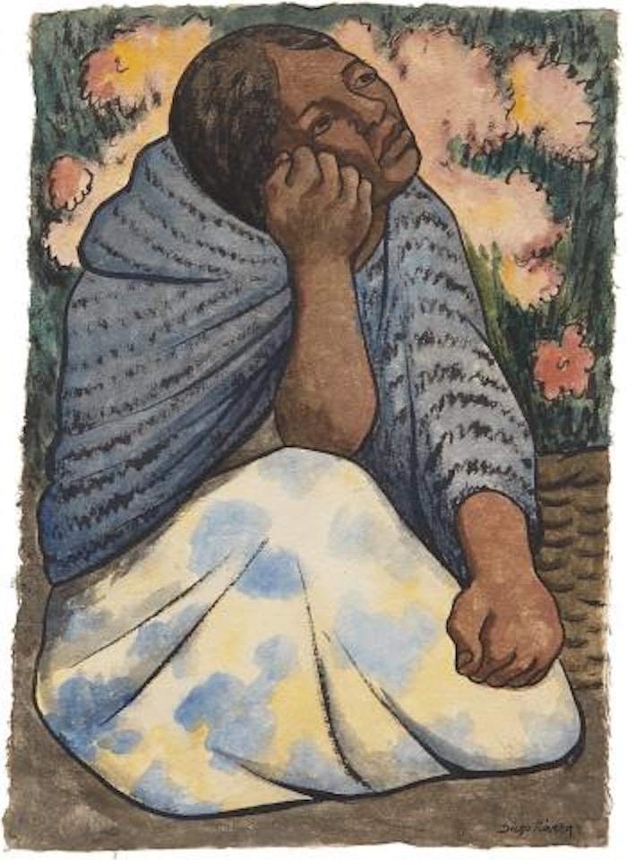 Mujer sentada en el mercado con rebozo azul y flores by Diego Rivera