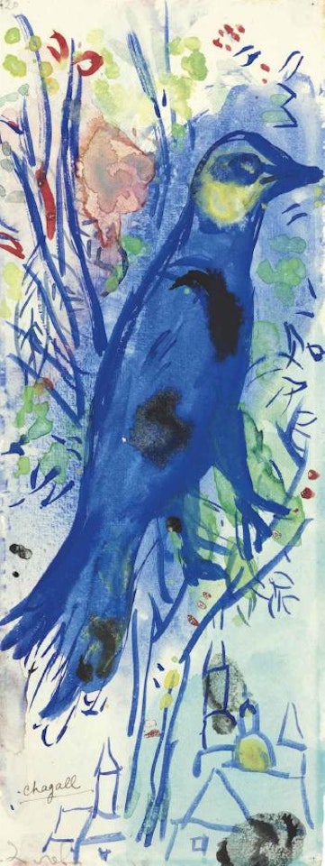 L'oiseau bleu au-dessus du village by Marc Chagall