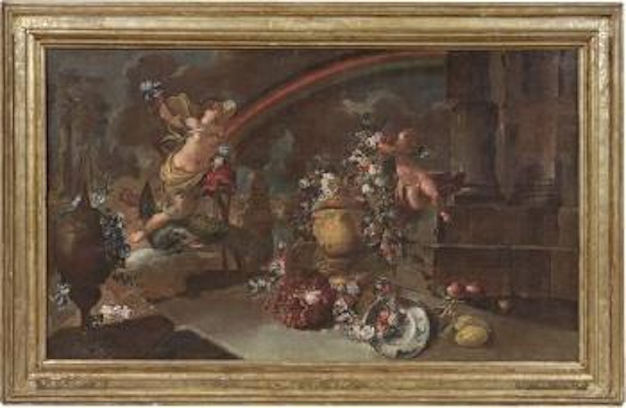 Natura morta allegorica con paesaggio e arcobaleno. Natura morta allegorica con rovine architettoniche e figura femminile alata by Flemish School