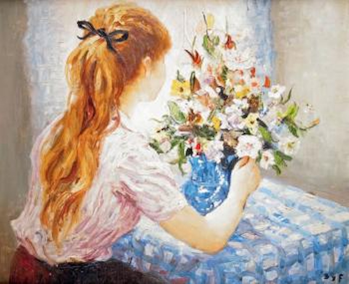 Claudine composant un bouquet sur la nappe à carreaux by Marcel Dyf
