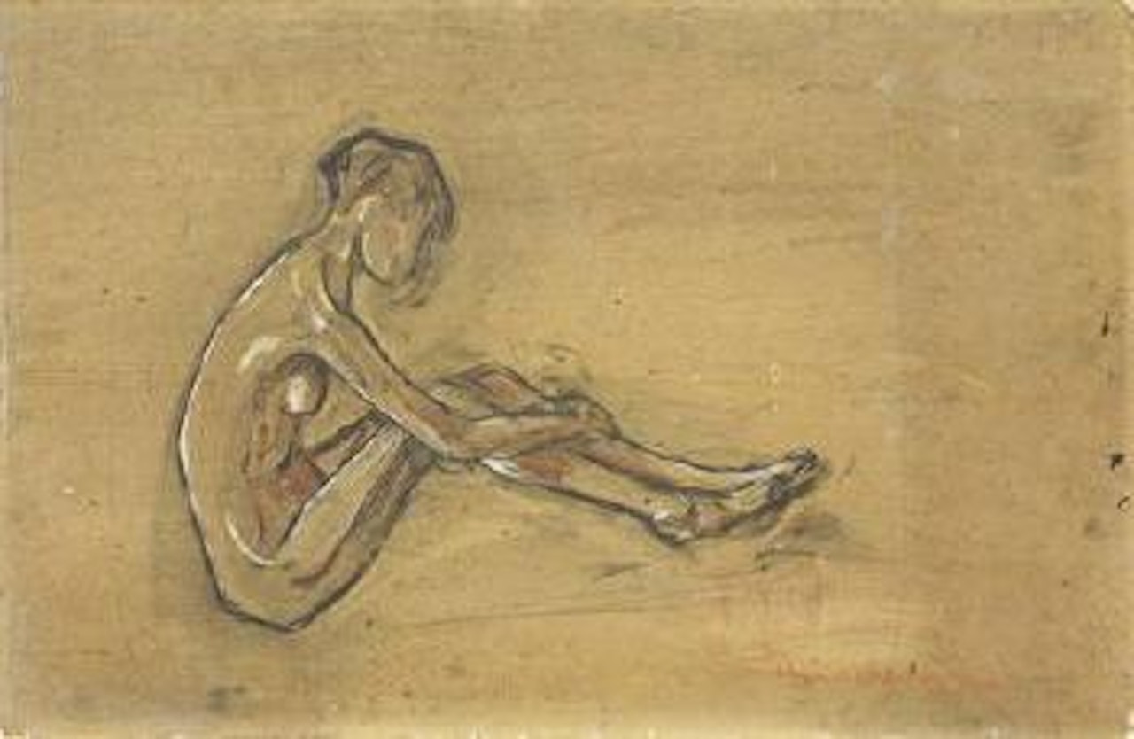 Nudo di donna assiso. Uomo con paglietta by German School