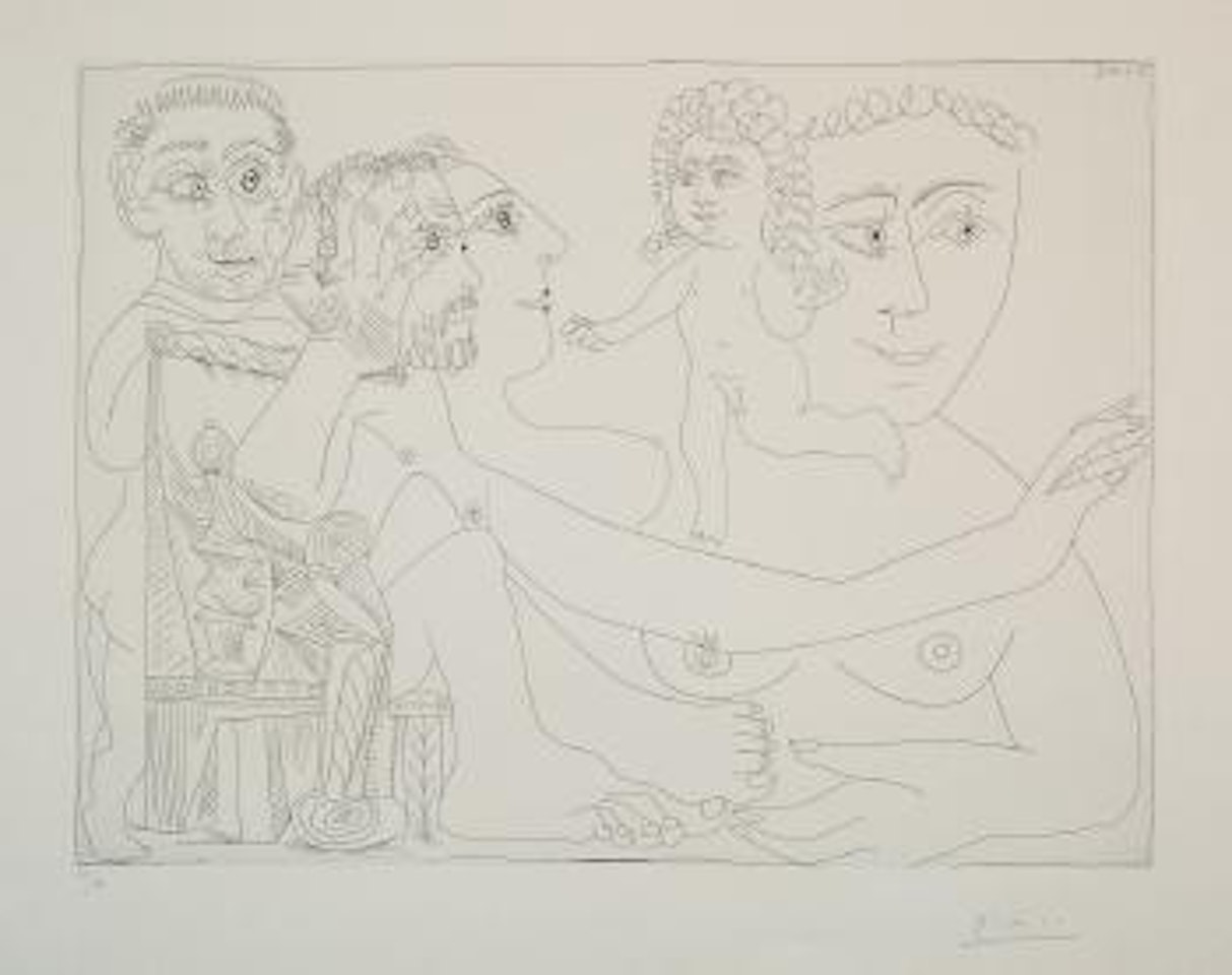 Groupe avec homme dans un fauteuil à boules et balustres songeant à l’amour by Pablo Picasso