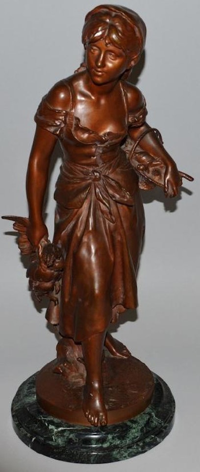 A young lady carrying a chicken and basket of vegetables by Mathurin Moreau