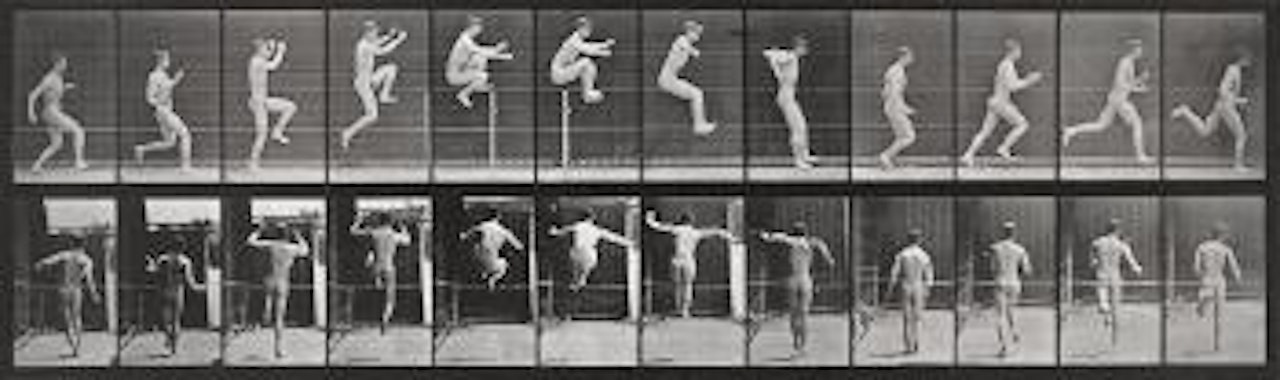 Man jumping, running, straight high jump by Eadweard Muybridge