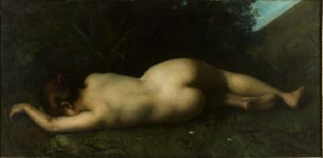 Nu féminin de dos allongé dans un paysage by French School