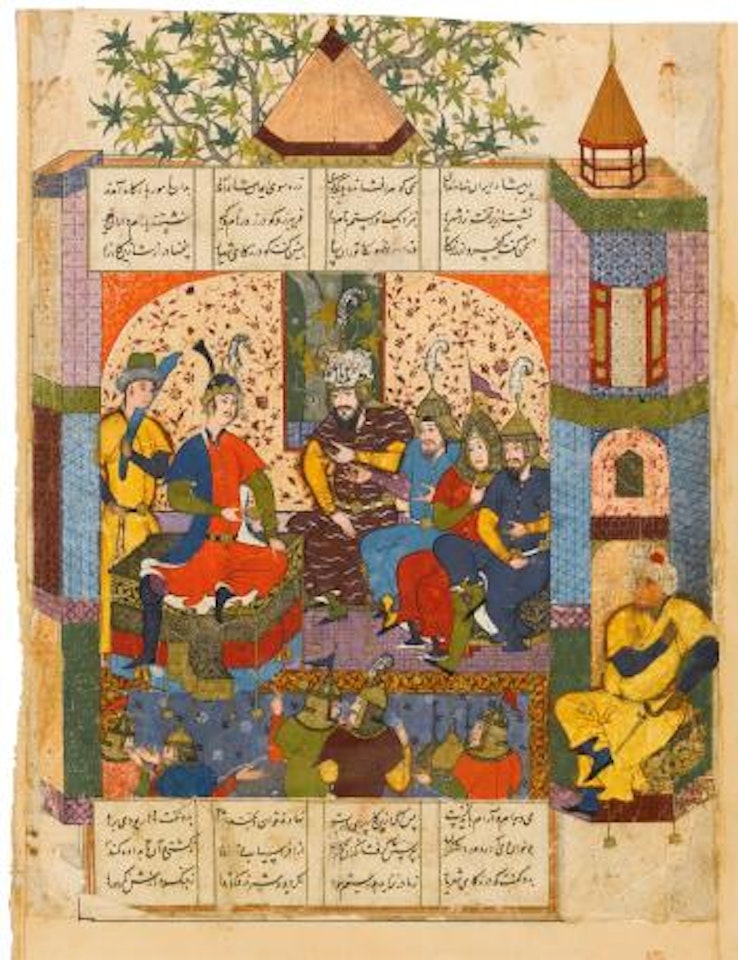 An illustrated and illuminated leaf from a manuscript of Firdausi's Shahnameh: Rustam reporting his victory to Kay Khosrow by Safavid School