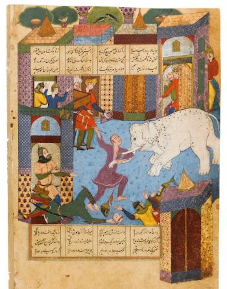 An illustrated and illuminated leaf from a manuscript of Firdausi's Shahnameh: Rustam and the Mad Elephant by Safavid School