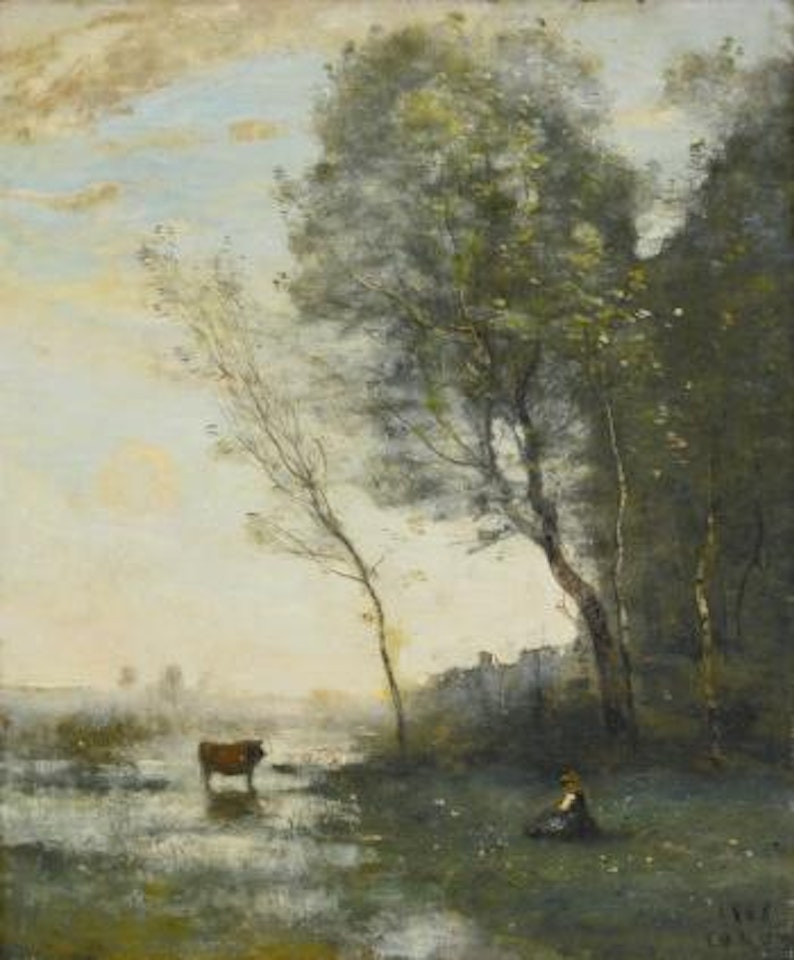 Paysanne Gardant Une Vache Au Bord De L'eau by Jean Baptiste Camille Corot
