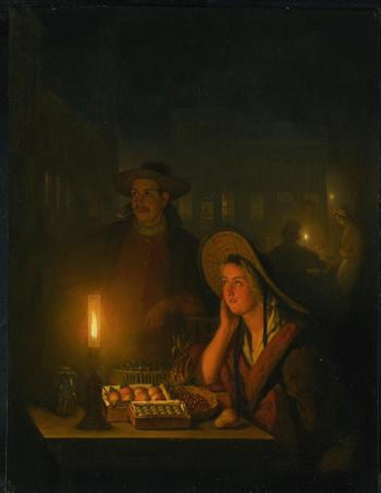 Fruit Sellers by the Light of a Paraffin Lamp by Petrus van Schendel