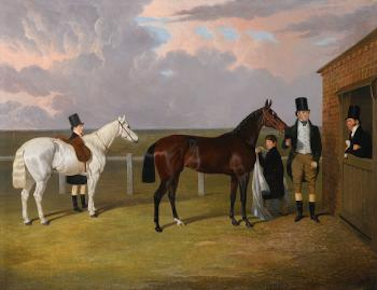 Sir Mark Wood with his Dark Brown Filly Vespa, Winner of the Oaks in 1833, her Trainer H Scott and a Groom with a Grey Hack by John Frederick Herring