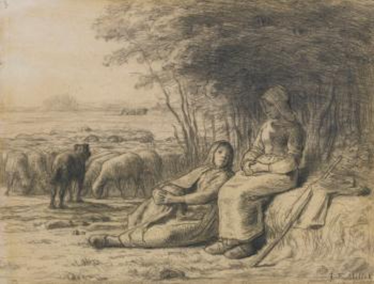 Two Shepherdesses and their Flock by Jean-François Millet