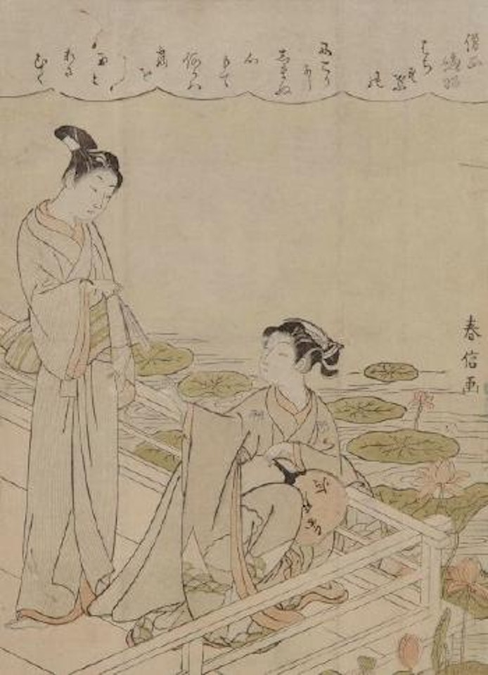 Couple sur une terrasse admirant des fleurs de lotus by Suzuki Harunobu