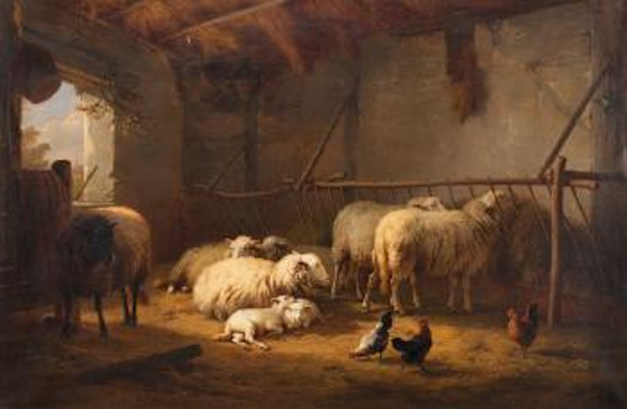 Untitled (Sheep and chickens in a stable) by Eugène Joseph Verboeckhoven