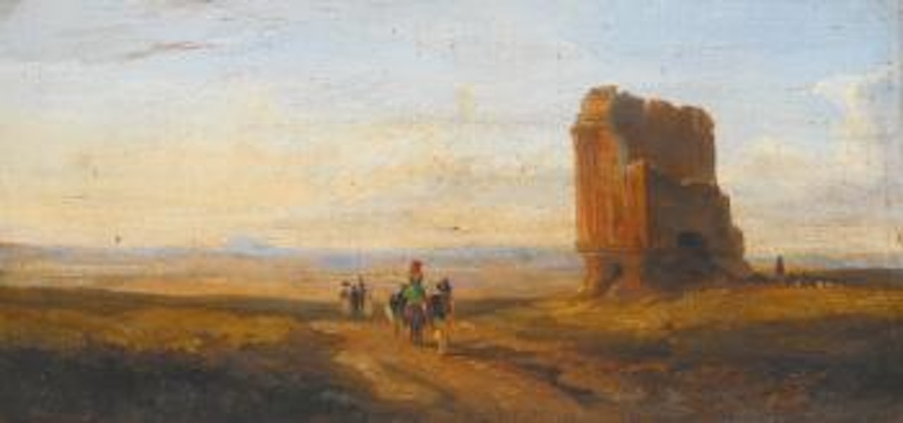 A View of The Roman Campagna With Travellers Passing A Ruined Brick Tomb, An Aqueduct In The Distance by Edward Lear