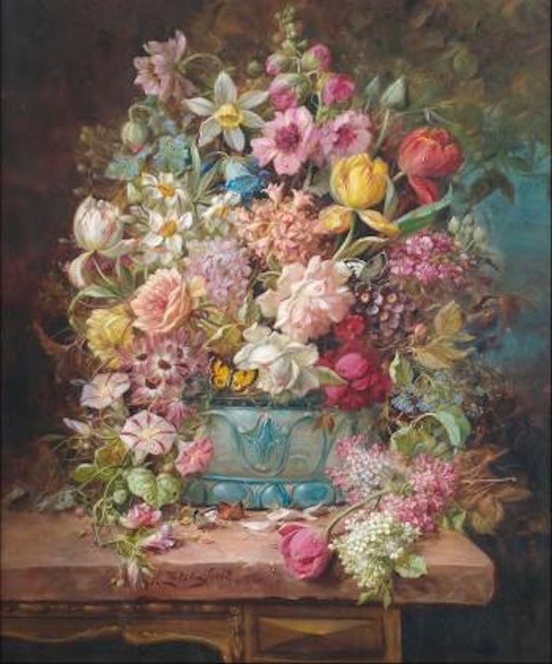 Blumenstilleben mit Schmetterlingen in ornamentierter Schale auf einer Anrichte by Hans Zatzka