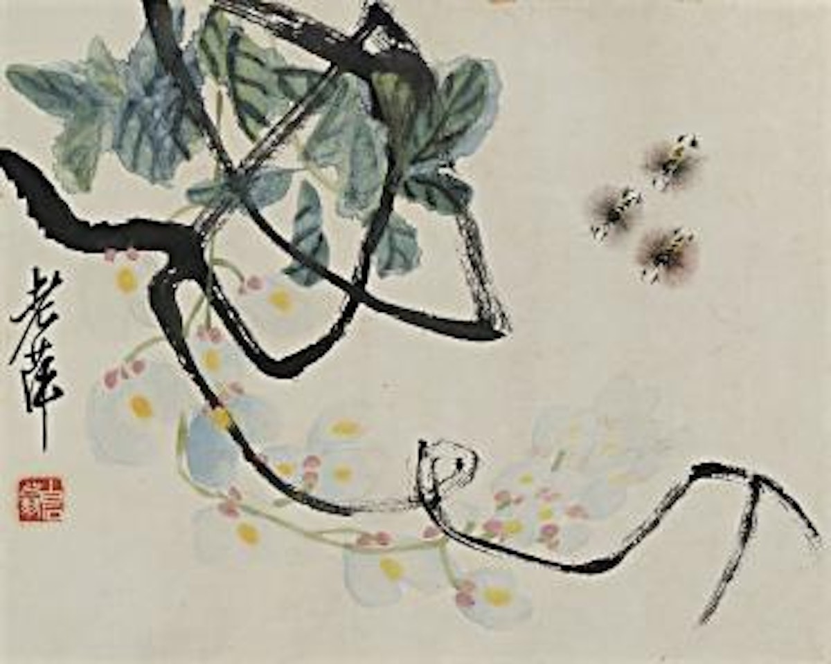 Wisteria and three bees by Qi Baishi