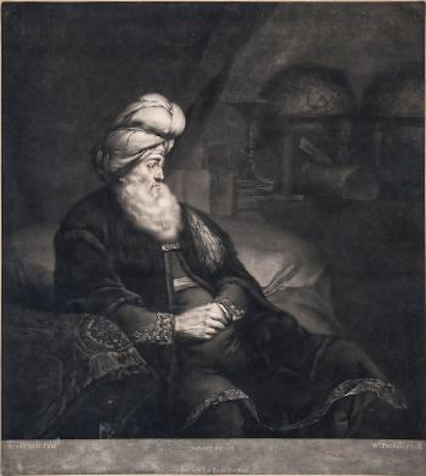 Portrait of a man in turban, in an interior with books and a globe by William Pether by Attributed to Rembrandt Harmensz van Rijn