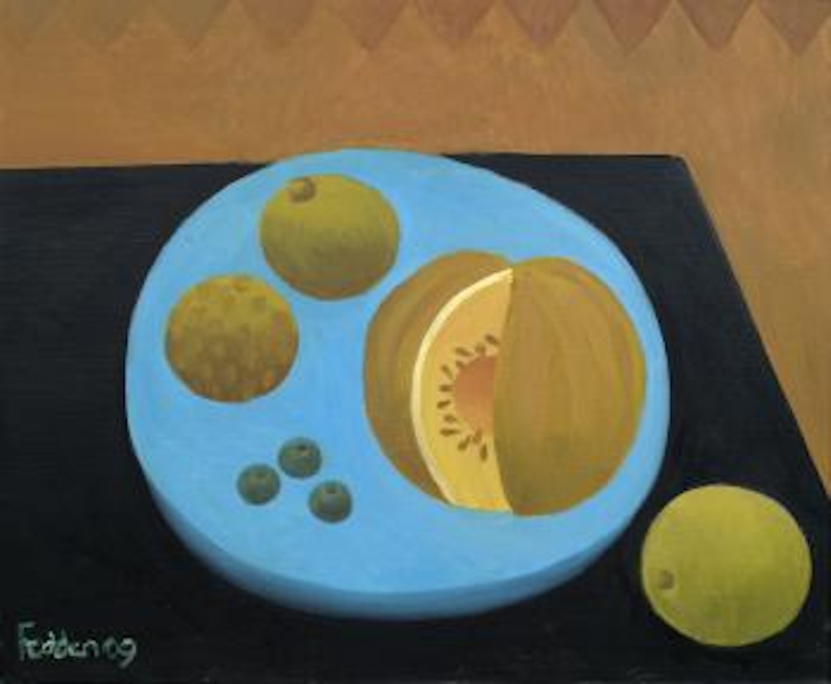 Still life of fruit on a blue plate by Mary Fedden