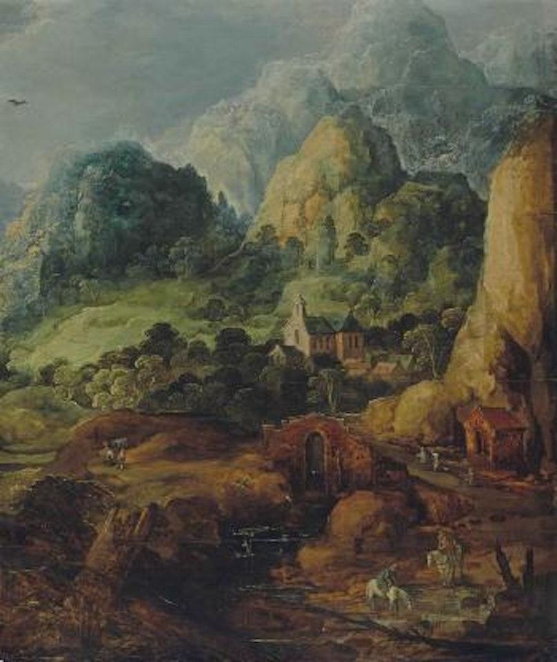 Cavaliers abreuvant leurs montures et village dans la montagne by Jan Brueghel by Joos de Momper the Younger