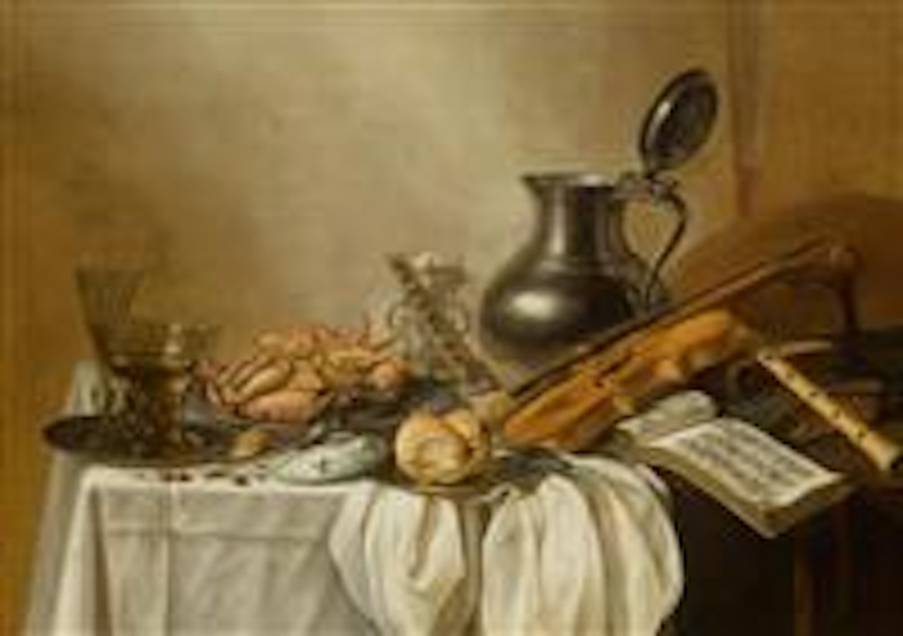 Still life with rummer, wine glass, crab and bread on a platter, with a violin and a flute on a table by Pieter Claesz