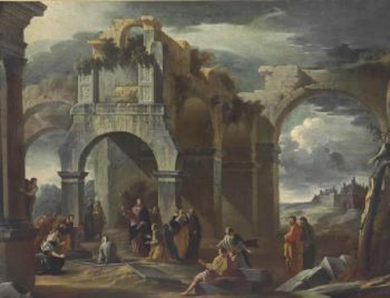 A capriccio of classical ruins with the Raising of Lazarus by Giovanni Ghisolfi