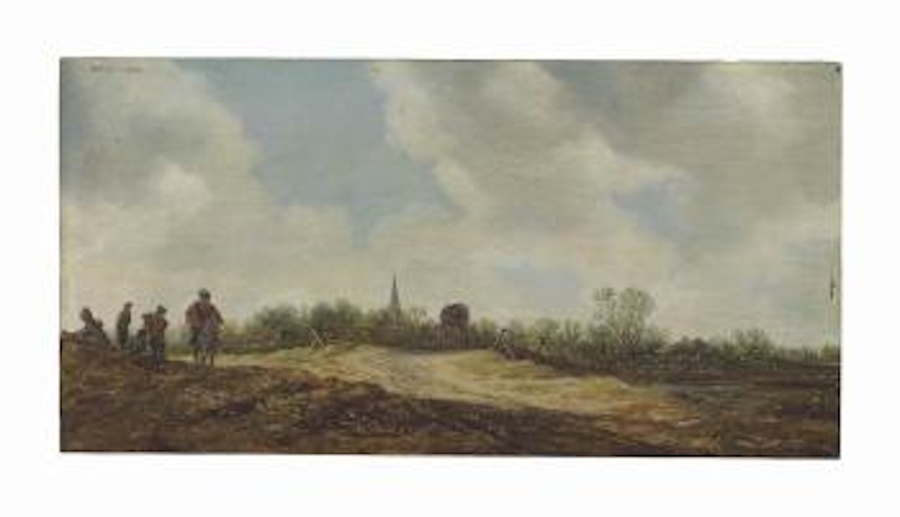 Travelers on a dune by a bridge, a village beyond by Jan van Goyen