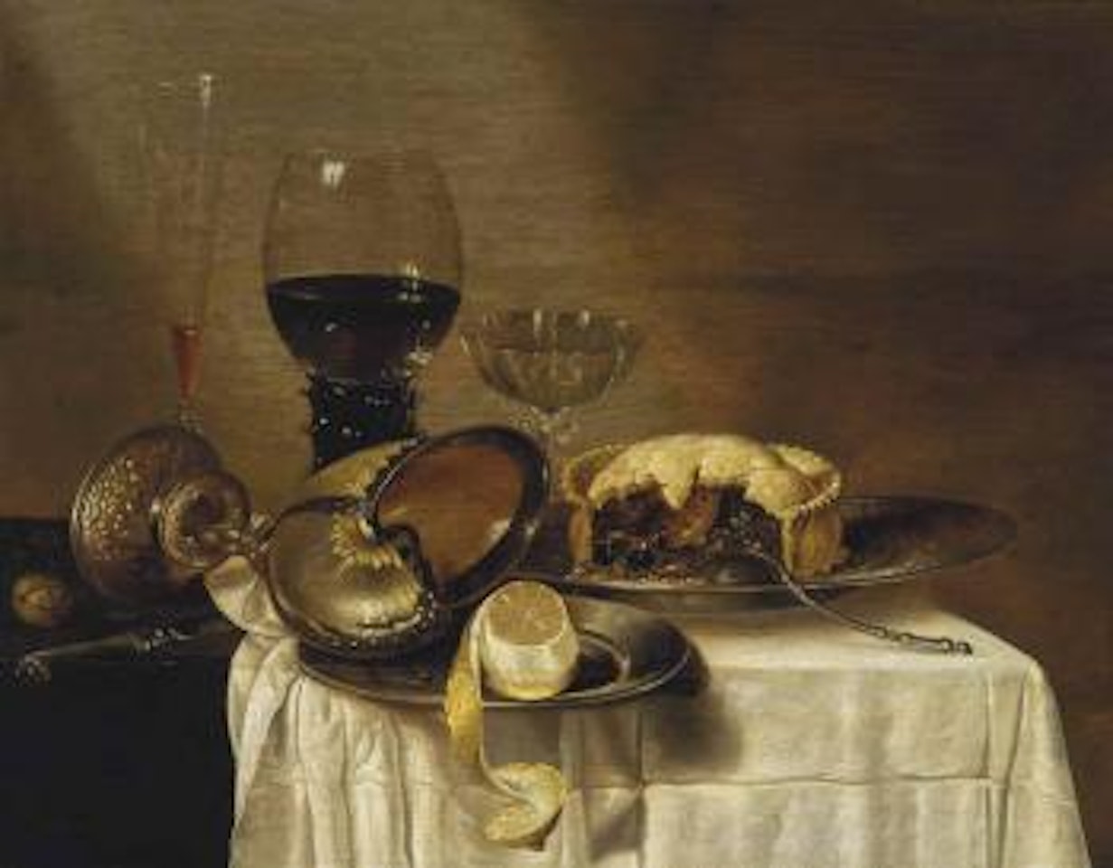 A Nautilus cup, peeled lemon, and a meat pie with a roemer and other wine glasses on a partially draped table by Willem Claesz Heda