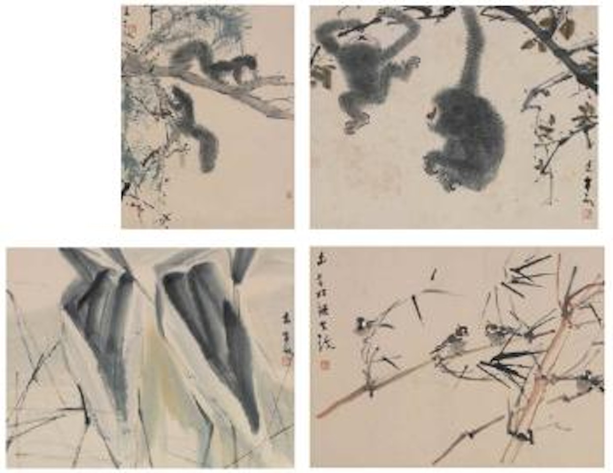 A pair of squirrels; a pair of gibbons; a pair of herons; four sparrows by Chen Wen Hsi