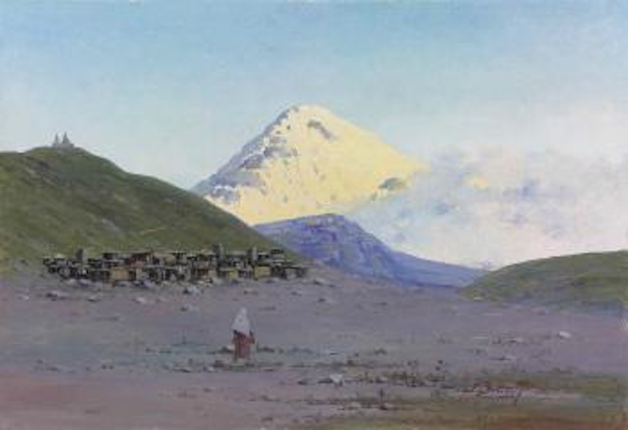 View of Mount Kazbek and Gergeti Trinity Church by Richard Karlovich Zommer