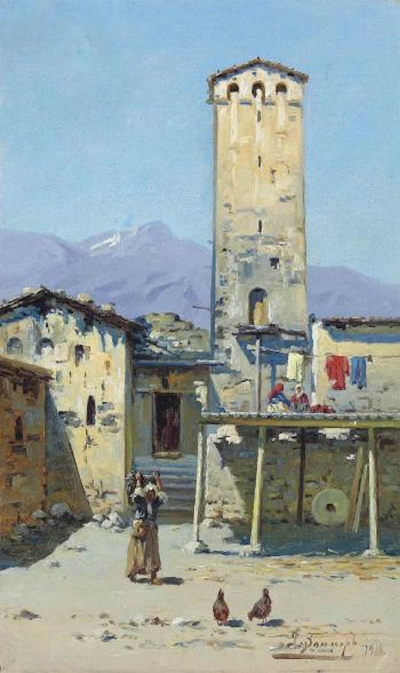 A Caucasian village scene with Mount Kazbek beyond by Richard Karlovich Zommer