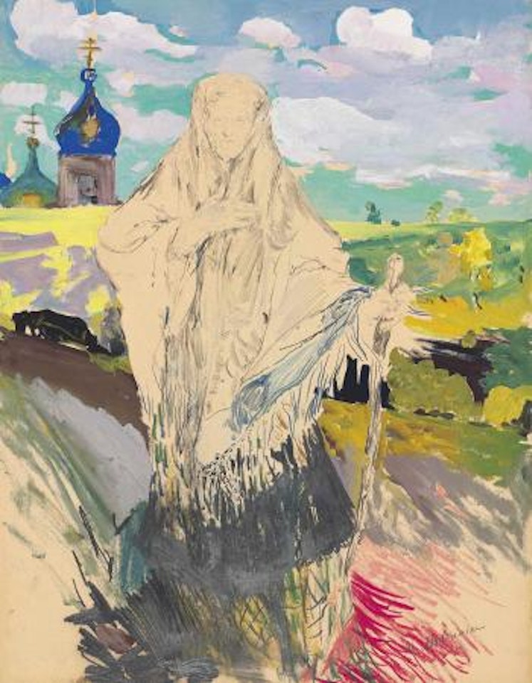 A peasant woman before a church by Filip Malyavin