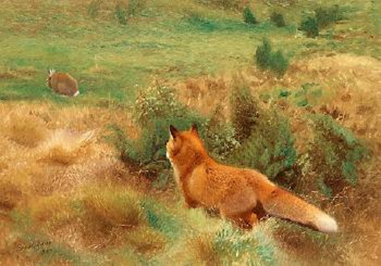 Fox stalking hare by Bruno Liljefors