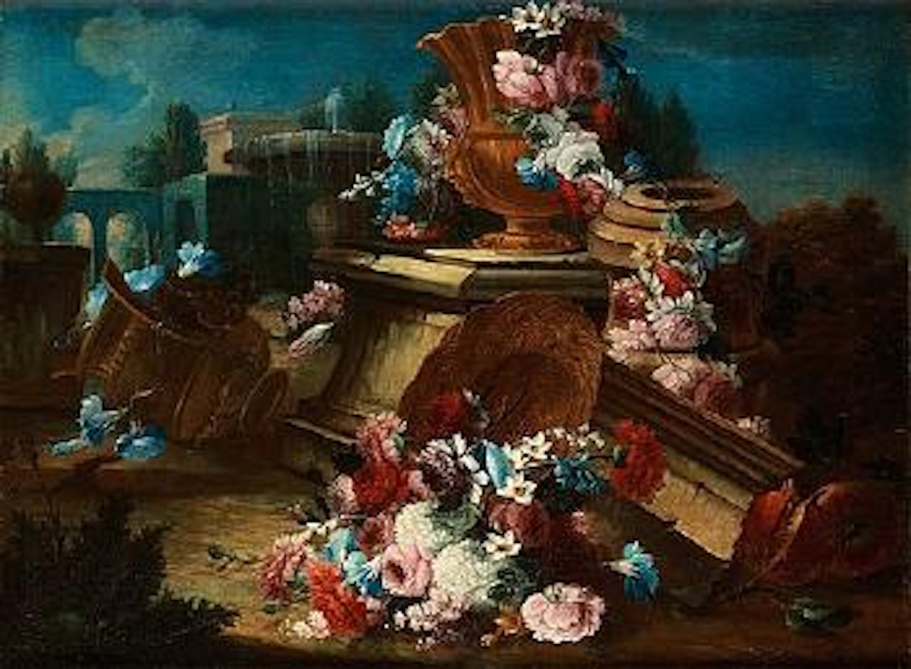 Still Life with flowers, urns and a basket in a landscape by Gasparo Lopez