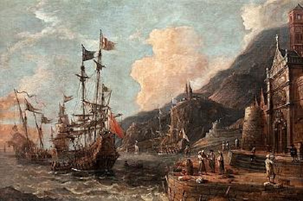 Harbour with boats at anchor and merchants on the quayside by Abraham Storck